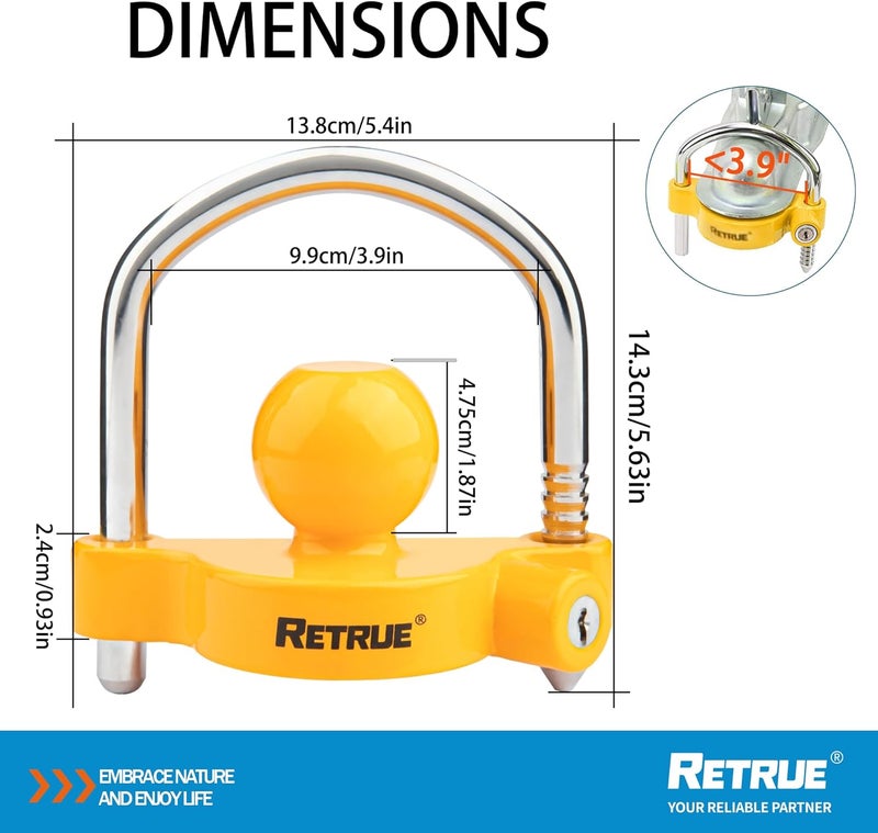 RETRUE Universal Coupler Lock Trailer Locks Ball Hitch Trailer Hitch Lock Adjustable Security Heavy-Duty Steel Fits 1-7/8 Inch, 2 Inch, 2-5/16 Inch Couplers Yellow - Image 2